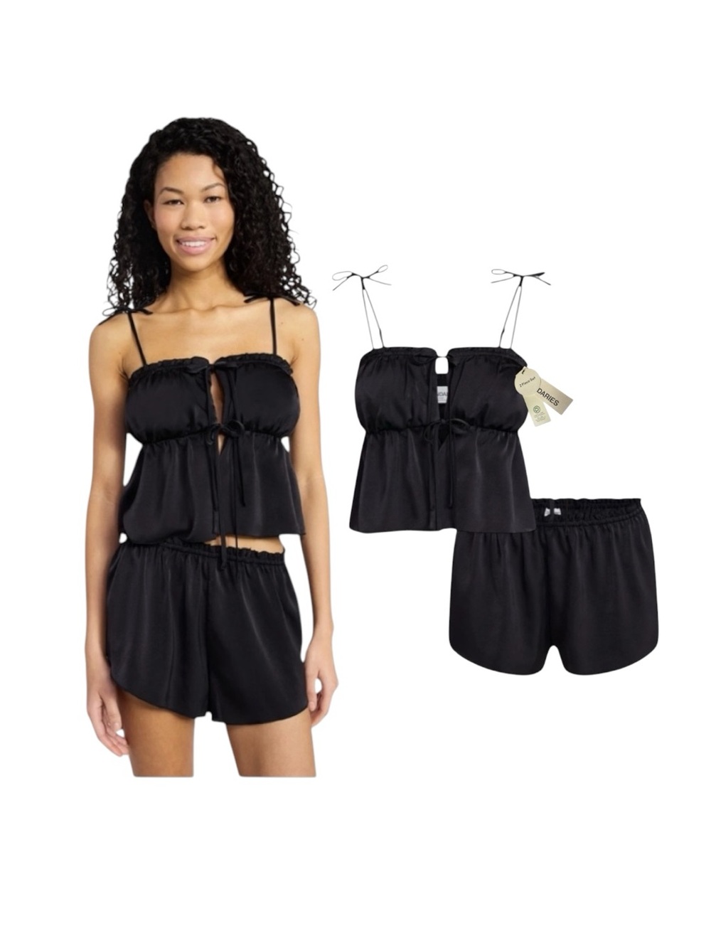 No Boundaries Black Satin Tie-Front Cami & Elastic-Waist Shorts Set